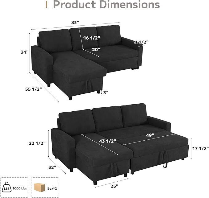L-Shaped Sleeper Sofa with Chaise Lounge &amp Storage Pull-Out Couch Bed with Recliner Full Size Futon for Living Room Office Apartment Black