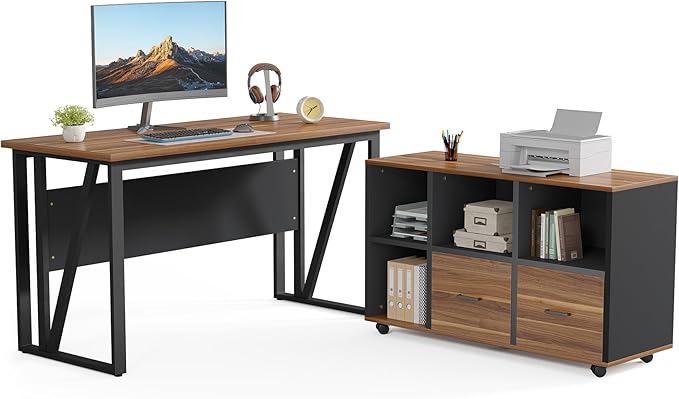 LITTLE TREE 55-Inch L-Shaped Computer Desk Large Corner Desk with Drawers Modern Office Workstation Study Desk Corner Computer Desk for Home Office Bedroom Brown