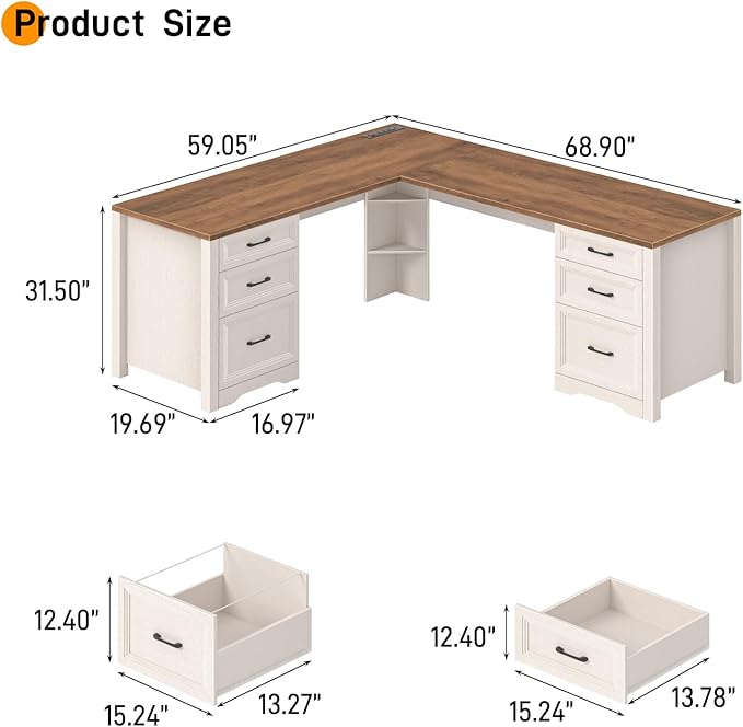 Farmhouse Home Office Desk with 6 Drawers L Shaped Executive Desk with Power Outlets and Triangle Under-Desk Storage Shelf &amp Drawer File Cabinet Corner Computer Desk Brown