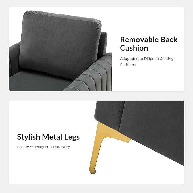 Modern Upholstered Velvet Accent Chair Velvet Armchair Club Chair with Gold Metal Legs Mid-Century Barrel Leisure Comfy Reading Chair for Livingroom BedroomGrey