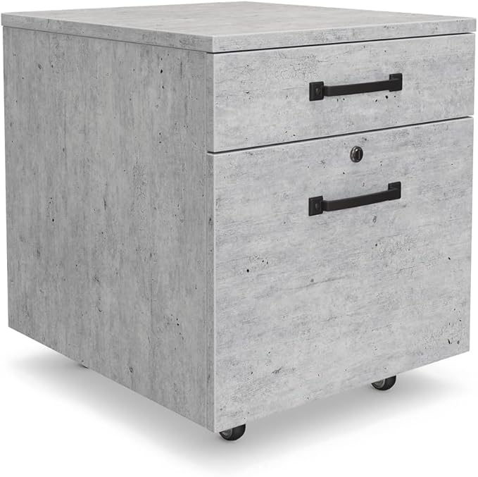 NBF Two Drawer Mobile File Pedestal Concrete with Locking File Drawer and Metal Drawer Pulls on Rolling Casters for Industrial Style