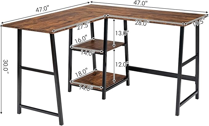 Tangkula L Shaped Desk Space Saving Corner Desk w/ 2 Tier Storage Shelves Study Writing Desk Workstation with Reinforced Metal Frame Home Office Desk (Rustic Brown)