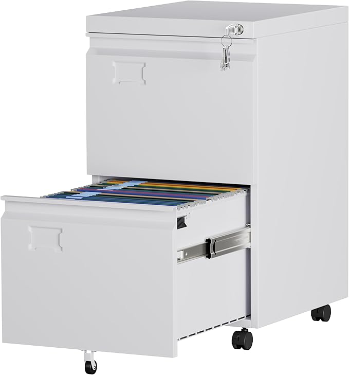Aobabo 2 Drawer Filing Cabinet with Wheels Lockable Metal File Cabinet with Business Card Slot for Legal/Letter Size Home Office Required AssembledWhite