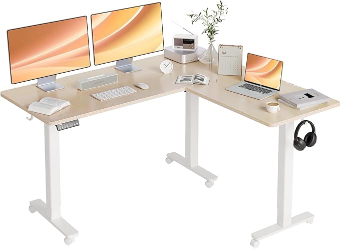 Claiks L Shaped Standing Desk Adjustable Height Dual Motor Electric Corner Standing Desk 63x55 inch Sit Stand up Desk with Splice Board Nature