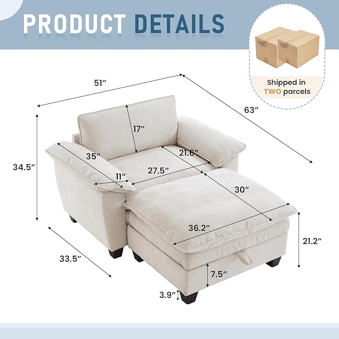 Oversized Chair with Ottoman Cloud Chenille Fabric Comfy Chaise Lounge Sofa Accent Arm Single Chair Indoor with Padded Armrest for Living Room Bedroom Office Storage Ottoman Beige