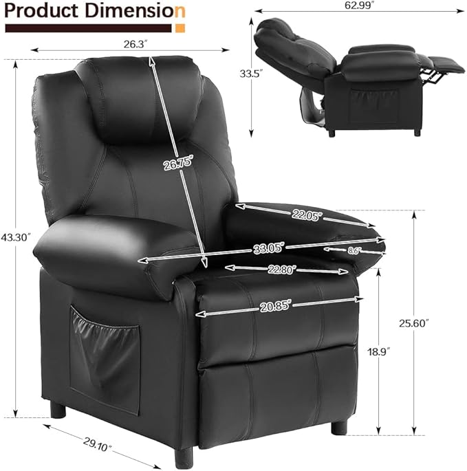 KCREAM Pushback Recliner Chair with Massage and Heat Overstuffed Manual Reclining Chair Single Sofa for Living Room Push Back Small Leather Recliner Black