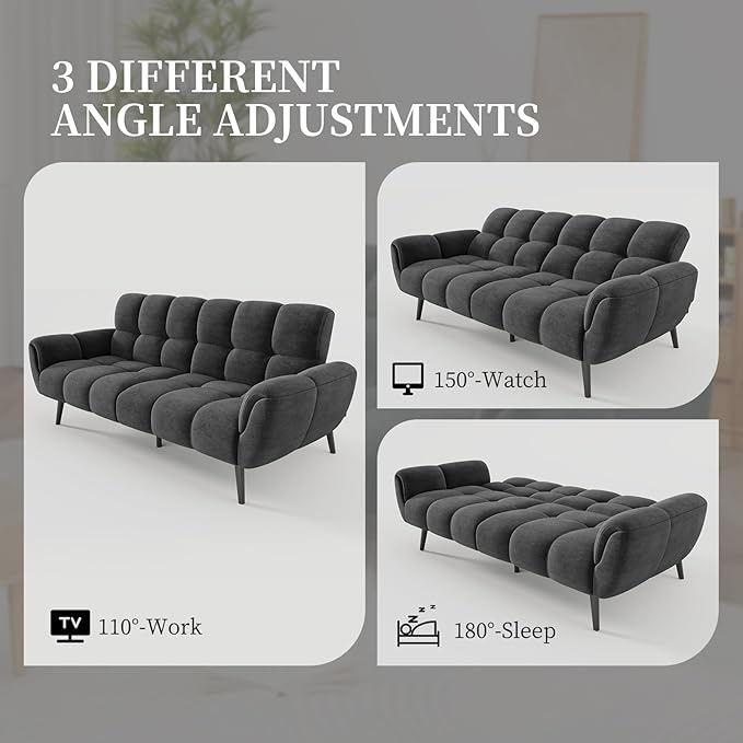Convertible Futon Sofa Bed 76.77 Modern Linen Futon Couch Comfy Sleeper Sofa with Adjustable Backrests Couch Bed for Small Spaces Living Room Bedroom Apartment Dark Grey