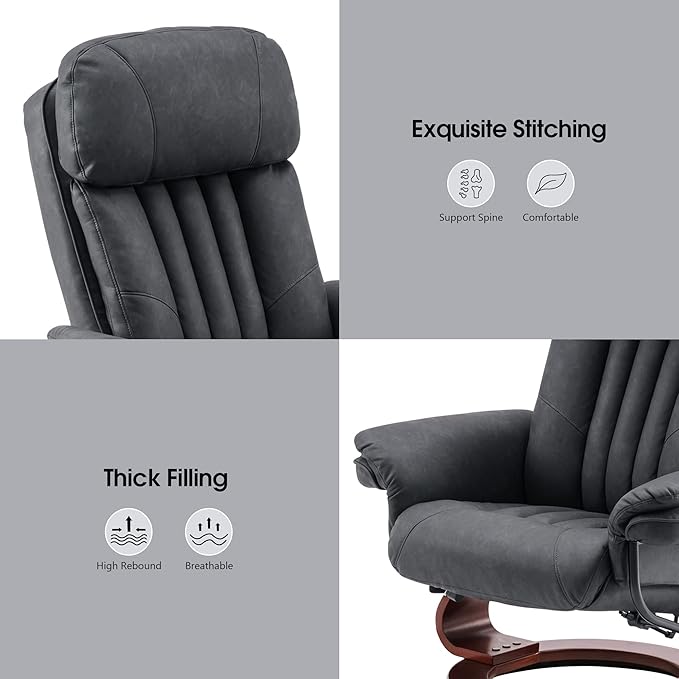 MCombo Swivel Recliner with Ottoman Chenille Fabric TV Chair with Vibration Massage Ideal for RV Small Space Living Room &amp Bedroom 4999 (Faux Leather Dark Grey)
