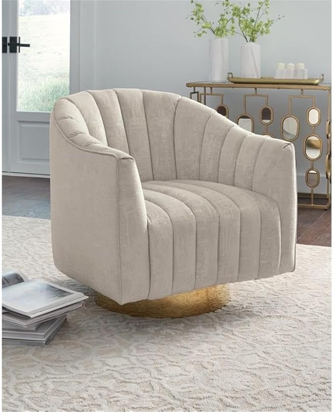 BOWERY HILL Contemporary Swivel Accent Chair Polyester Pearl Velvet Upholstery Barrel Back Brass-Tone Metal Base 31 in H x 30 in W x 32.25 in D Ivory Finish Modern Living Room or Lounge Chair