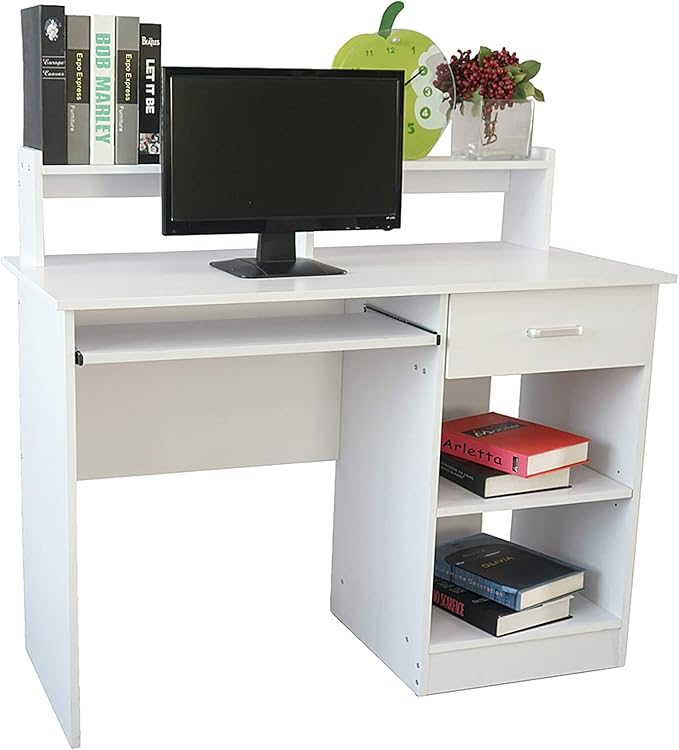 Computer Desk with Drawer Shelf Pull-Out Keyboard Tray - 43” Large Storage Home Office Desk - Writing Study Table Workstation for PC Laptop Gaming Working - Modern Wood (43''x37''x20'' 791-White)
