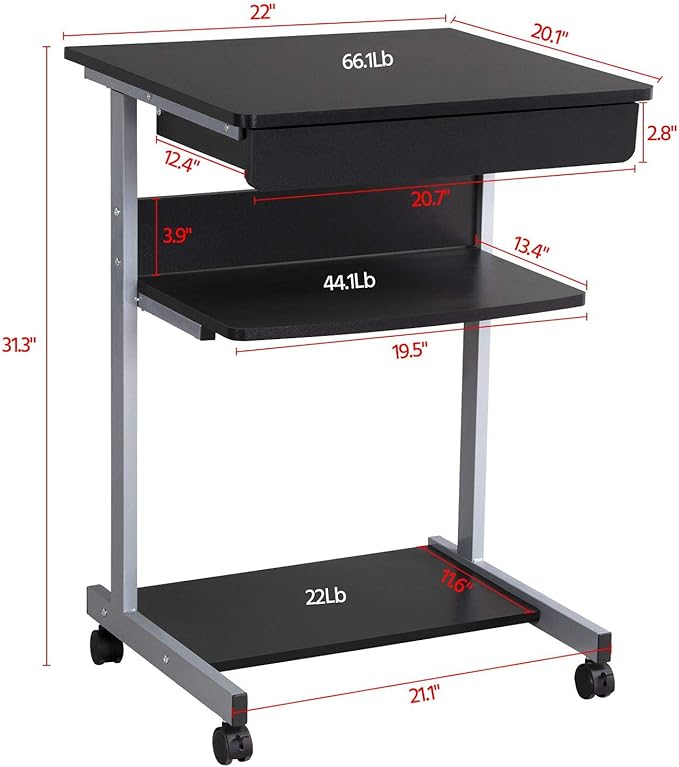 Yaheetech Mobile Computer Desk Cart Small Rolling Laptop Desk PC Table Workstation with Drawer and Printer Shelf Writing Desk Table for Small Space/Home Office