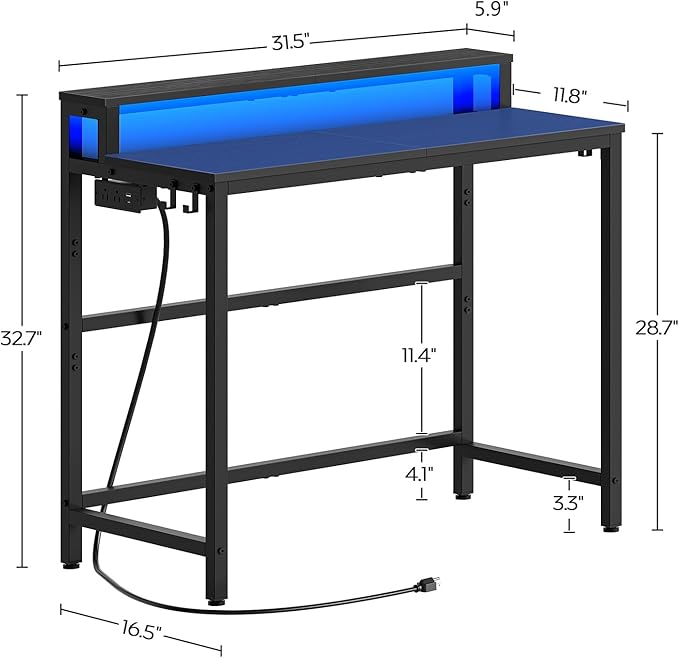 Small Computer Desk with Charging Station and LED Lights Gaming Desk with Monitor Stand 2-Tier Home Office Desk with 4 Side Hooks for Living Room Home Office Black DN01UDBBY2