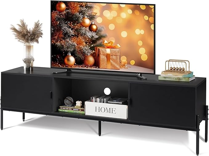 WLIVE TV Stand for 65 Inch TV Mid Century Modern Entainment Center with 2 Storage Cabinets &amp Open Shelf TV Console Table Media with Metal Legs for Living Room Bedroom Black