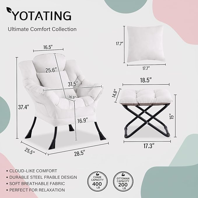 Lazy Chair with Ottoman Modern Accent Leisure Sofa Chair with Footrest Stool &amp Throw Pillow Modern Lounge Chair with Armrests for Living Room Beige