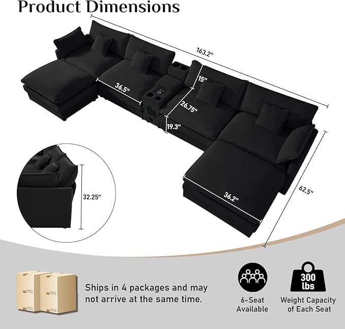 OUYESSIR 163U Shaped Cloud Couch SectionalsLarge Comfy Black Sectional Couches for Living RoomOversized Fluffy Modular Sectional SofasChenille Big 6 Seat Sofa Set USB Port Central Console Ottoman