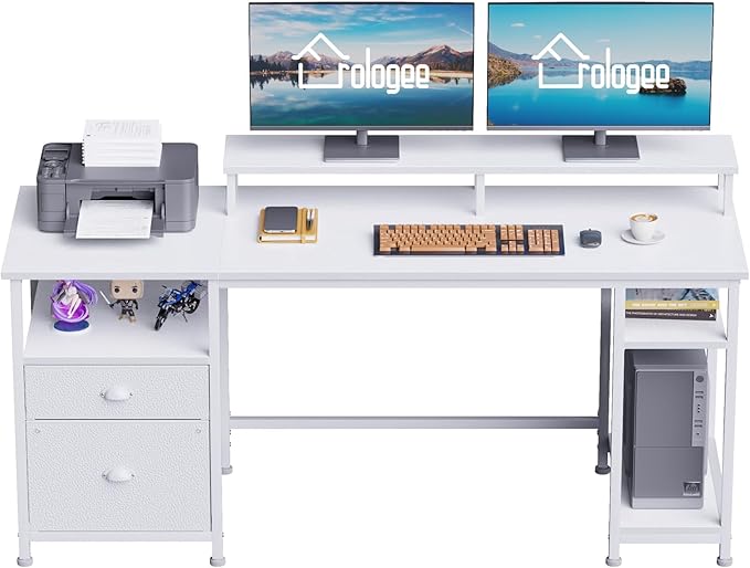 Furologee 61 Computer Desk with Fabric File Cabinet &amp Drawer Reversible White Table with Storage Shelf Office Desk with Long Monitor Stand Writting Table Workstation for Home/Office/White