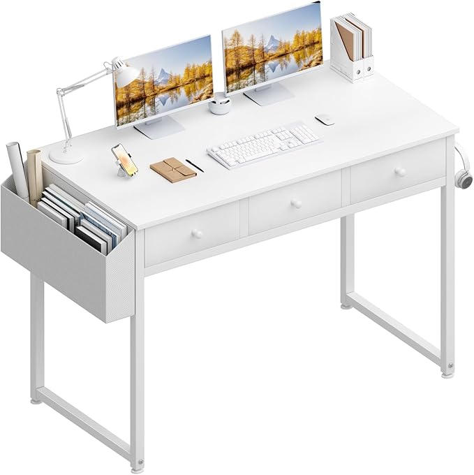 Lufeiya Small White Computer Desk with Drawers for Home Office Bedroom 40 Inch Vanity Desk with Fabric Drawer Storage and Side Pouch Study Writing Table White