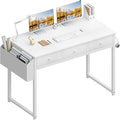 Lufeiya Small White Computer Desk with Drawers for Home Office Bedroom 40 Inch Vanity Desk with Fabric Drawer Storage and Side Pouch Study Writing Table White