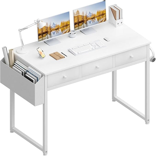 Lufeiya Small White Computer Desk with Drawers for Home Office Bedroom 40 Inch Vanity Desk with Fabric Drawer Storage and Side Pouch Study Writing Table White