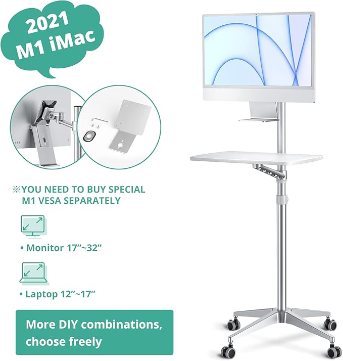 viozon Mobile DeskMobile WorkstationMulitiuse Rolling Laptop Floor Stand34-48.6 Height AdjustableCompatible with 17-27Monitor&amp12-17Laptop21×14 Desk BoardMaxload 17.6lbs4 Lockable Wh