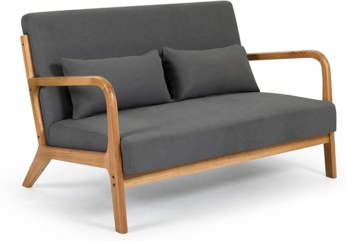Modern Compact 48'' Loveseat with Linen Upholstery and Wood Legs Perfect for Bedroom Living Room Furniture (Dark Gray)