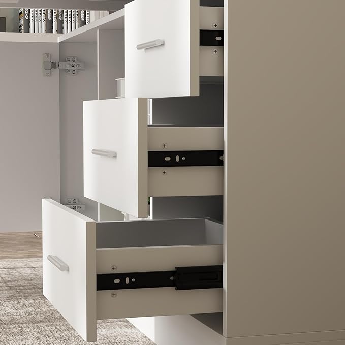 63 W L Shaped Standing Desk with Cabinet Electric Height Adjustable &amp Reversible Corner Computer Desk with Drawers &amp Storage Shelves for Home Office White