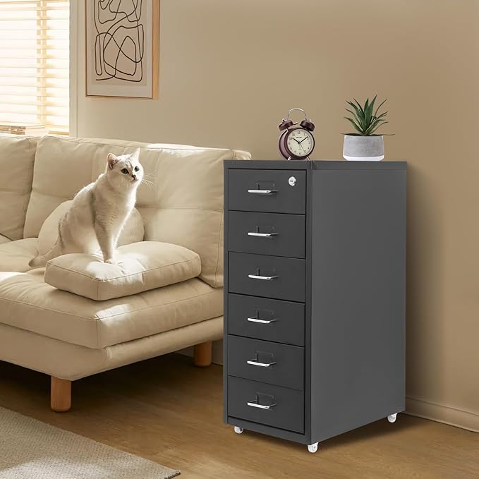 Office File Cabinet w/4 Wheels 6 Drawer Metal Small Vertical File Cabinets w/2 Lock Smooth Edges Mobile Storage Cabinet File Organizer for Home Office Living Room 11 * 16 * 27in (Black)