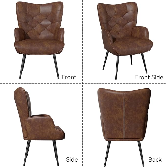 Nalupatio Mid Century Modern Accent Chair Set of 2 PU Leather Upholstered Tufted Button Chairs Living Room Reading Wingback Armchair Side Chair for Living Room Bedroom Brown