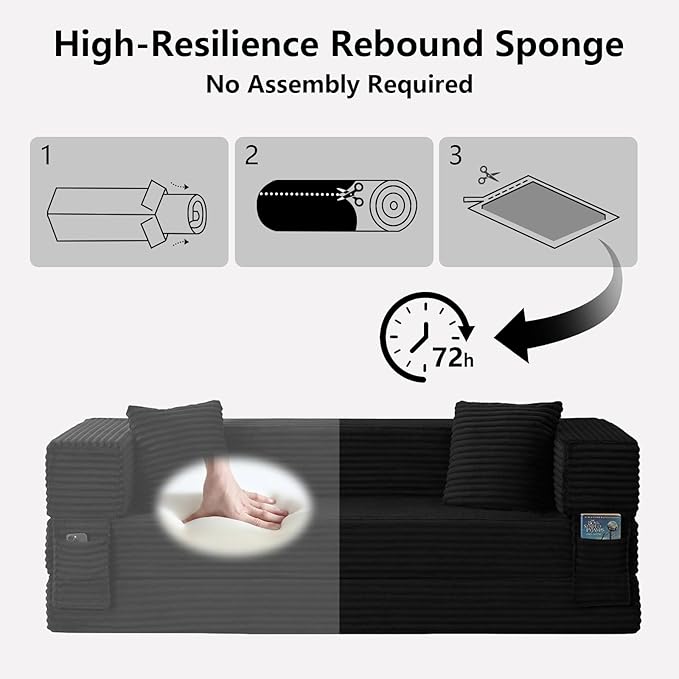 GNIXUU 78.7 Boneless Convertible Sleeper Sofa Bed 4-in-1 Folding Corduroy Futon Couch Bed Oversized Loveseat Modular Floor Mattress Couch for Living Room Bedroom Lounge No Assembly Black