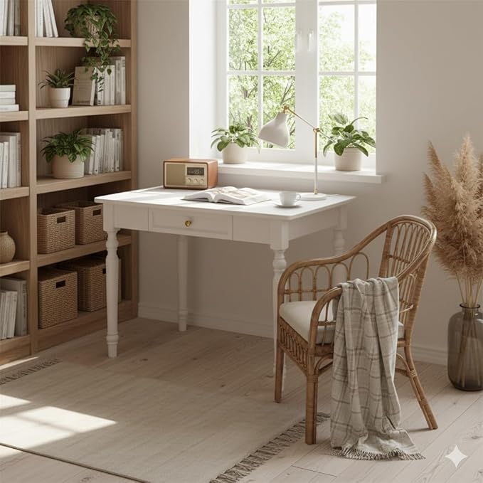 Farmhouse French Country Writing Desk with Drawers – Solid Wood Computer Desk for Home Office Bedroom &amp Study Workspace Compact Rustic Wood Table (Ivory White 31 * 30 * 24in)