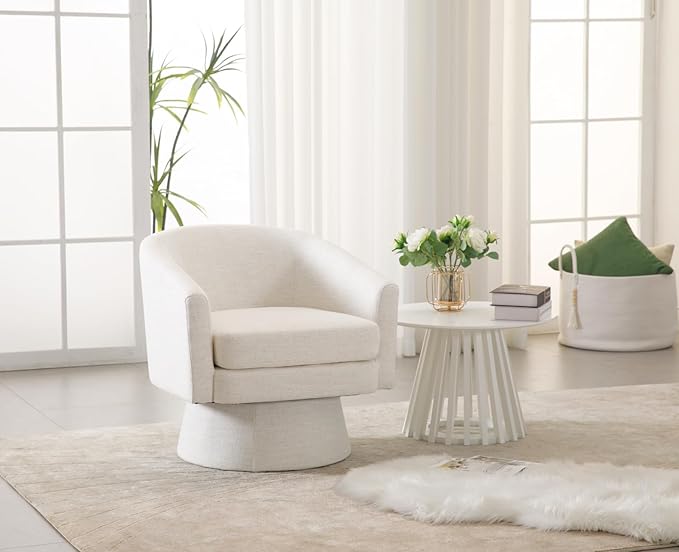 Linen Swivel Accent Chairs Set of 2 Beige Barrel Arm Chair Round Cozy Upholstered Reading Chair Modern Comfy Fabric Single Sofa Chair for Living Room/Bedroom