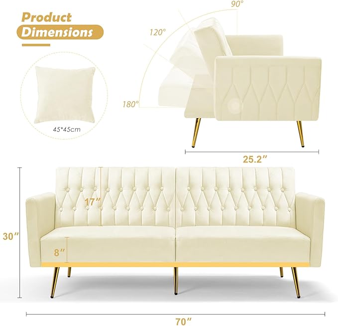 70 Velvet Futon with Adjustable Backrest and Armrests Sofa Bed with Extra Pillows for Waiting Room Living Room and Office Beige
