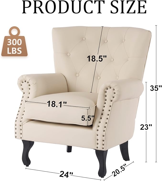 Modern Accent Chair Set of 2 PU Leather Armchair with Solid Wood Legs Sofa Chair for Living Room Bedroom Leisure Room Reading Room(Ivory White)
