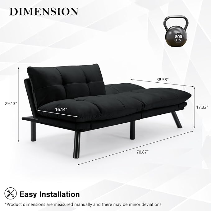 KINFFICT Convertible Futon Sofa Couch Bed Modern Memory Foam Sleeper Loveseat Sofa with Adjustable Armrests &amp Backrests Comfy Love Seat for Living Room Bedroom Office Apartment Small Space