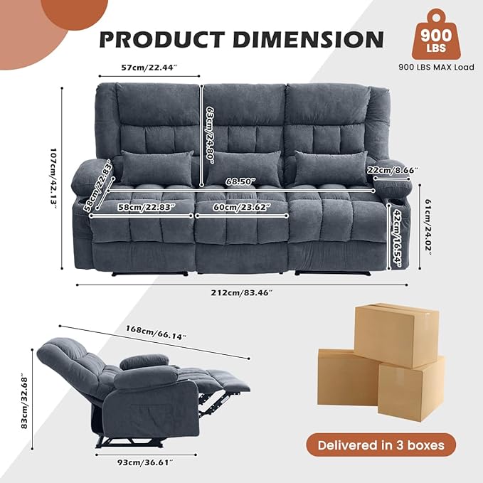 Recliner Sofa with Cup Holders for Living Room 3 Seat Manual Oversized Recliner Chiar with Ergonomic Side Pocket for Adult