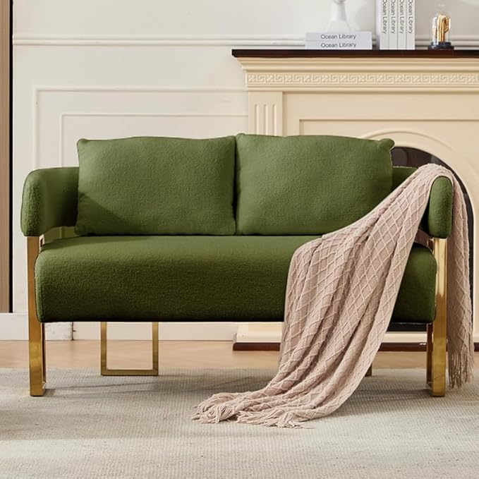51 Comfy Loveset Sofa Green Small Teddy Love Seat Sofa Bedroom Mini Couch Living Room Side Chair with Gold Metal Legs for Dressing Area Reception Room Office (Green)