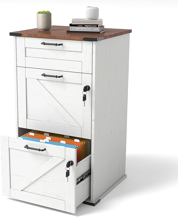 VINGLI 3 Drawer File Cabinet with Lock Home Office Filing Organizer for Letter Size File Folder Storage Modern Farmhouse Style Wood Vertical Filing Cabinet Archivador (Rustic White &amp Brown)