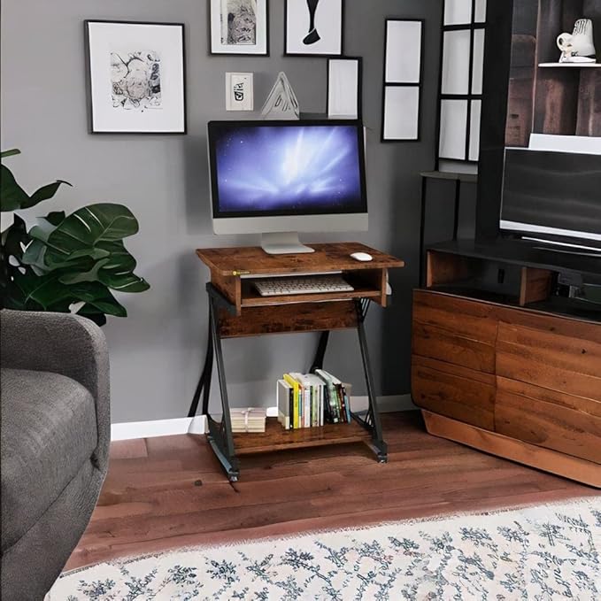 23.5 Inch Small Home Office Desk Study Writing TableMobile Computer Desk with Keyboard Tray Z-Shaped Compact Study TableSmall SpacesSturdy Study Writing Desk for Laptop (Brown)