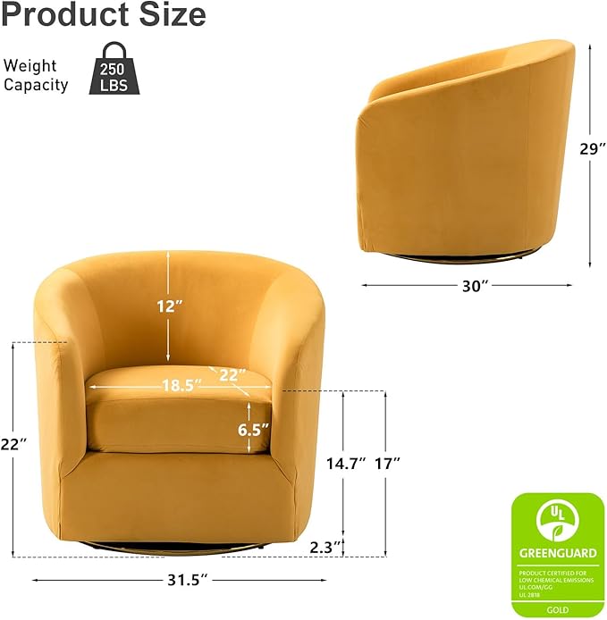 HULALA HOME Swivel Accent Chair with Gold Metal Base Contemporary Velvet Curved Swivel Barrel Chair Upholstered Club Armchair Leisure Single Sofa for Living Room Nursery Bedroom(Mustard)