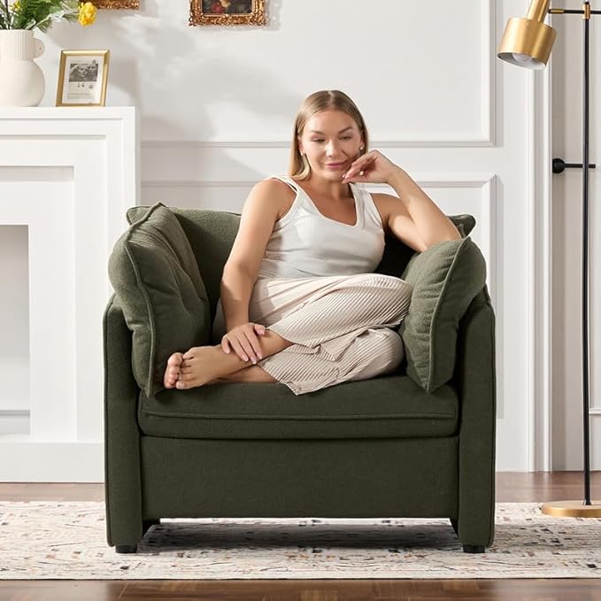 Chenille Oversized Armchair Modern Accent Chair Single Sofa Lounge Chair Chenille Fabric 36 Wide 24 Seat Deepth Reading Chair for Living Room Bedroom (Green)