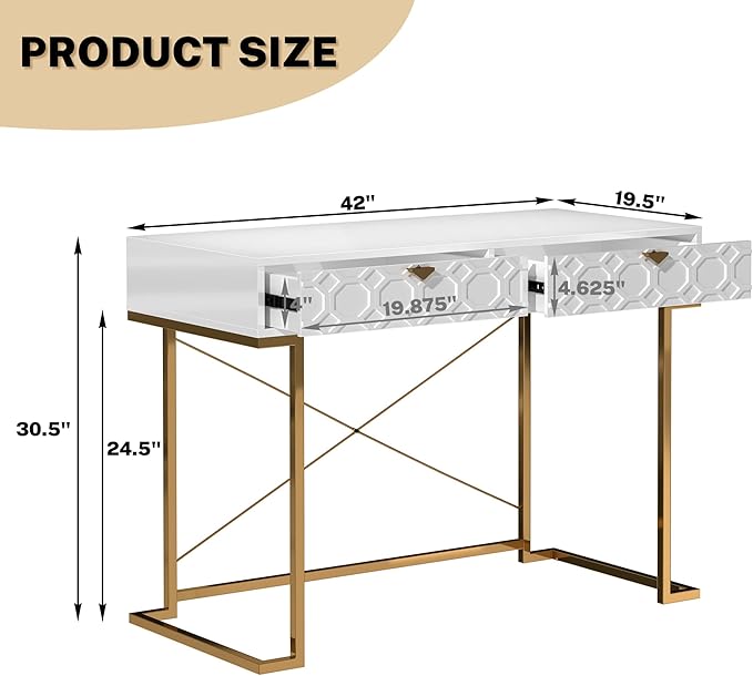 Clihome Console Table with 2 Drawers 42'' Entryway Table with Storage Desktop Sofa Table Hallway with Golden Legs and X-Shaped Bracket