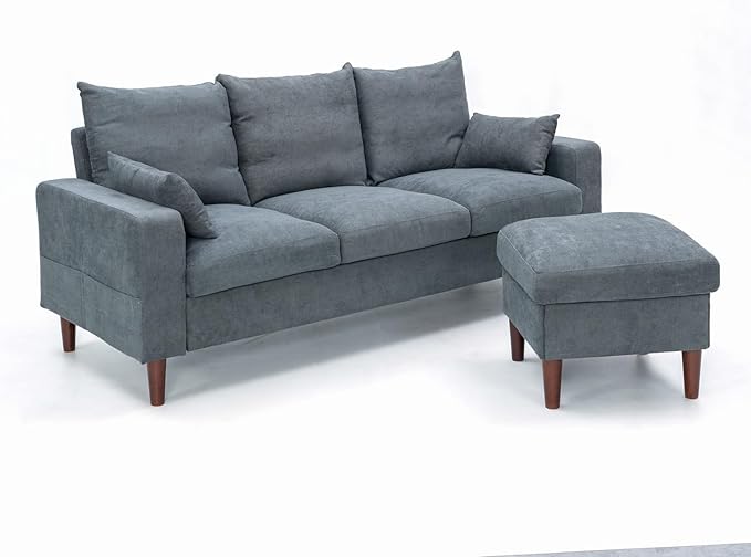 Panana 3-Seat Sofa Couch with Reversible Back Cushions Modern Fabric Sofa 3 Seater Couch for Small Apartment (Grey 3 Seater with Ottoman Stool)