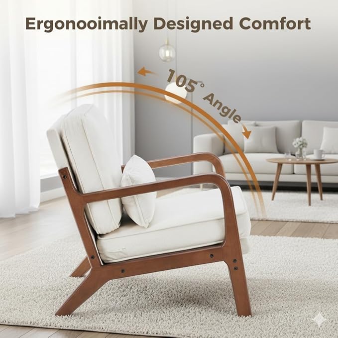 Simple Deluxe Mid-Century Modern Wood Accent Chair &amp Cozy Reading Chair Upholstered Living Room Chair with Waist Cushion Solid Wood Chair with Pillow for Bedroom Beige
