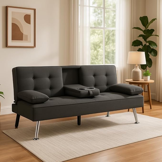 Sofa Bed Adjustment Sofa Double-Sided Double Sofa Folding Sofa Bed GuestbedcupholderBed Modern PU and Polyester Lounge Chair (Dark Grey)