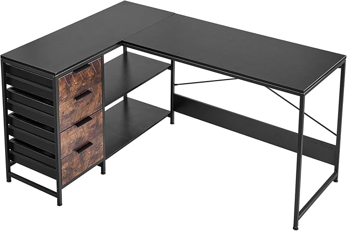 VEVOR L-Shaped Computer Desk 59-inch Reversible Corner Gaming Desk with Drawers &amp Storage Shelves Modern Stylish PC Table Sturdy Work Workstation for Home Office - Easy to Assembly