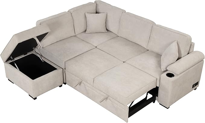 Merax Sofa Bed Sleeper Couch L Shaped Sofa with Storage Ottoman and Cup Holder L-Shape Sectional Couch with Comfortable backrest and Charging Function for Living Room and Small Apartment (Beige)