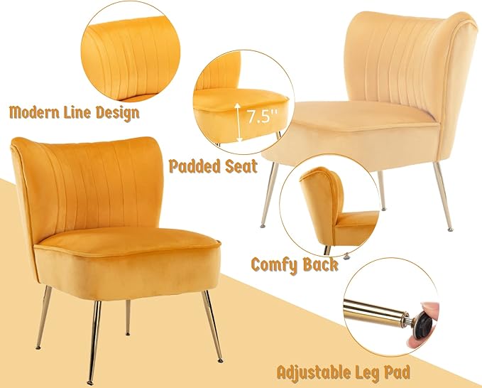 CIMOTA Velvet Accent Chairs Set of 2 Modern Armless Slipper Wingback Single Sofa Side Chair Comfy Corner Chair with Golden Legs for Living Room Bedroom Yellow