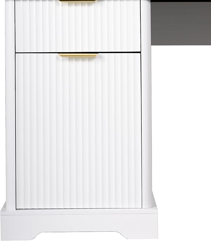L Shaped Executive Desk with Storage Fluted Home Office Computer Desk with 6 Drawers &amp Monitor Stand Corner Workstation Writing Desk with Charing Stastion File Cabinet(White)