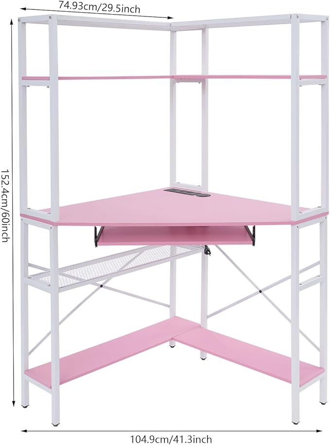 Corner Desk Triangle Corner Computer Desk with 2 USB Ports and 2 AC sockets Small Computer Desk with Hutch and LED Lights ComputerDesk for Small Space Home Office Desk Pink