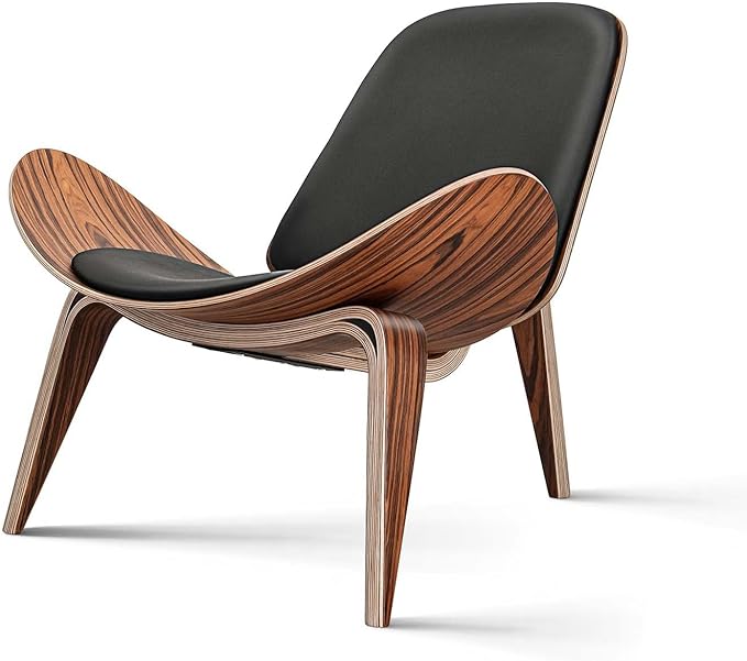 Mid Century Modern Shell Lounge Chair PU Leather Tripod Plywood Classic Design Solid Wood Accent Chairs for Living Room Reading Lounge Office Salon